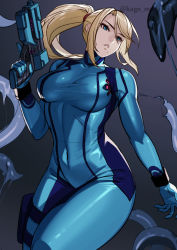 Rule 34 | 1girl, absurdres, artist name, blonde hair, blue bodysuit, blue eyes, bodysuit, breasts, covered navel, floating hair, grey background, gun, hair tie, hand up, highres, holding, holding gun, holding weapon, holster, kagematsuri, large breasts, long hair, looking to the side, metroid, mole, mole under mouth, nintendo, parted lips, ponytail, samus aran, sidelocks, solo, tentacles, thigh holster, tight clothes, trigger discipline, twitter username, weapon, zero suit