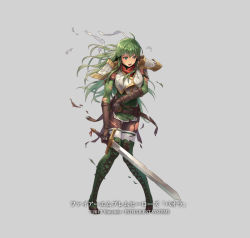 Rule 34 | 1girl, armor, boots, breasts, cross-laced footwear, cuboon, elbow gloves, fingerless gloves, fire emblem, fire emblem: mystery of the emblem, fire emblem heroes, full body, gloves, green eyes, green hair, headband, injury, lace-up boots, long hair, nintendo, official art, palla (fire emblem), pegasus knight uniform (fire emblem), ryona, skirt, solo, standing, thighhighs, thighhighs under boots, torn clothes, very long hair, weapon