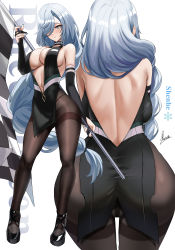 Rule 34 | 1girl, alternate costume, aqua eyes, ass, ass focus, backless outfit, bare shoulders, black footwear, black pantyhose, blue nails, blush, breasts, character name, commentary, english commentary, flag, full body, genshin impact, grey hair, hair over one eye, highres, holding, holding flag, large breasts, long hair, looking at viewer, nail polish, navel, one eye covered, pantyhose, parted lips, piukute062, race queen, shenhe (genshin impact), sideboob, signature, standing, thighband pantyhose, thighs, very long hair, white background