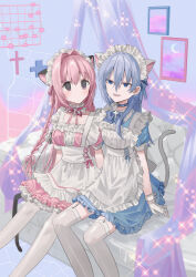 Rule 34 | 2girls, :d, animal ears, apron, blue choker, blue dress, blue eyes, blue hair, blush, breasts, cat ears, cat girl, cat tail, chihuri, choker, closed mouth, collarbone, commentary, commentary request, couch, crescent, dress, ende (chihuri), english commentary, feet out of frame, frilled apron, frills, garter straps, gloves, hair between eyes, hair intakes, highres, kemonomimi mode, long hair, maid apron, maid headdress, medium breasts, multiple girls, nea (chihuri), on couch, open mouth, original, pink dress, pink hair, puffy short sleeves, puffy sleeves, purple eyes, short sleeves, sitting, smile, tail, thighhighs, very long hair, white apron, white gloves, white thighhighs