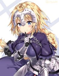 Rule 34 | 1girl, armor, black bow, blonde hair, blue dress, blue eyes, blush, bow, braid, breasts, capelet, chain, collar, commentary request, dress, fate/apocrypha, fate (series), faulds, finger to mouth, gauntlets, hair bow, headpiece, index finger raised, jeanne d&#039;arc (fate), jeanne d&#039;arc (ruler) (fate), large breasts, long hair, looking at viewer, low-tied long hair, metal collar, plackart, riichu, shushing, single braid, smile, solo, twitter username, vambraces, very long hair