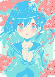 Rule 34 | 1girl, :o, blue cardigan, blue eyes, blue hair, blue theme, blush, blush stickers, cardigan, cherry blossoms, collarbone, commentary request, crossed bangs, dot nose, falling petals, flower, hair between eyes, highres, limited palette, long sleeves, looking at viewer, medium hair, mochigome (ununquadium), open mouth, original, own hands together, petals, red flower, sailor collar, school uniform, solo, straight-on, swept bangs, upper body, white flower