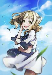 Rule 34 | 1girl, :d, absurdres, blonde hair, blurry, blurry foreground, braid, cloud, cowboy shot, crown braid, day, dress, floating hair, from side, highres, lens flare, long hair, love live!, love live! sunshine!!, ohara mari, open mouth, outdoors, short dress, short sleeves, smile, solo, standing, sundress, tareko, white dress, yellow eyes