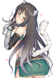 Rule 34 | 1girl, animal ear fluff, animal ears, arm belt, ass, black hair, blush, brown eyes, commentary request, crop top, detached sleeves, fingerless gloves, gauntlets, gloves, green shirt, green skirt, hair between eyes, heart, highres, long hair, looking at viewer, looking back, nori aji, princess connect!, princess connect!, shiori (princess connect!), shirt, simple background, skirt, smile, solo, tail, tiger ears, tiger girl, tiger tail, white background
