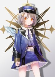 Rule 34 | 1girl, angel wings, brown eyes, brown hair, closed mouth, expressionless, halo, hat, komazuki (komaworks240), long sleeves, looking at viewer, original, shadow, short hair, solo, white background, wings
