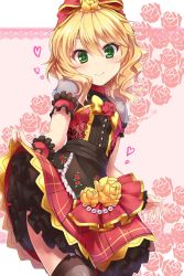 Rule 34 | black legwear, blonde hair, bow, clothes lift, commentary request, dress, floral background, flower, green eyes, hair bow, heart, highres, idolmaster, idolmaster cinderella girls, looking at viewer, paopao, pink background, puffy short sleeves, puffy sleeves, red flower, red rose, rose, sakurai momoka, see-through, short sleeves, skirt, skirt lift, smile, solo, thighs, wavy hair, wristband, yellow flower, yellow rose