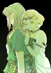 Rule 34 | 1boy, 1girl, archaic set (zelda), armlet, bare shoulders, black background, blonde hair, bracelet, braid, choker, collarbone, crown braid, dress, earrings, green eyes, hand on another&#039;s back, headpiece, highres, jewelry, link, long hair, looking away, nintendo, official alternate hair length, official alternate hairstyle, parted bangs, parted lips, pointy ears, princess, princess zelda, short hair, short sleeves, sidelocks, strapless, strapless dress, the legend of zelda, the legend of zelda: tears of the kingdom, torn clothes, tunic, turippy, upper body, white dress
