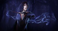 Rule 34 | 1girl, bad id, bad pixiv id, black hair, blue eyes, blue hair, cloak, felice, fingerless gloves, forest, gloves, harry potter (series), matching hair/eyes, nature, necktie, night, nymphadora tonks, realistic, signature, solo, wand, wavy hair, wizarding world, wolf