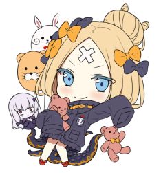 Rule 34 | &gt;:), 2girls, abigail williams (fate), abigail williams (traveling outfit) (fate), bad id, bad twitter id, balloon, black bow, black dress, black jacket, blonde hair, blue eyes, blush, bow, chibi, closed mouth, colored eyelashes, commentary, crossed bandaids, dress, english commentary, fate/grand order, fate (series), fou (fate), hair bow, hair bun, heroic spirit traveling outfit, hitsukuya, jacket, lavinia whateley (fate), long hair, long sleeves, looking at viewer, multiple girls, hugging object, official alternate costume, orange bow, parted bangs, red bow, red footwear, silver hair, simple background, single hair bun, sleeves past fingers, sleeves past wrists, smile, solo focus, stuffed animal, stuffed toy, suction cups, teddy bear, tentacles, v-shaped eyebrows, white background
