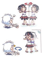 Rule 34 | 2girls, arrow (symbol), black hair, blush, blush stickers, bow, braid, controller, dress, from behind, game controller, horns, izayoi sakuya, jewelry, keikou ryuudou, kijin seija, knees together feet apart, looking at another, maid, maid headdress, mirror, multicolored hair, multiple girls, open mouth, outstretched arms, red eyes, red hair, reflection, reversed, ribbon, sandals, short hair, short sleeves, silver hair, simple background, skirt, smile, sparkle, streaked hair, tears, touhou, twin braids, white background