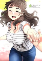 Rule 34 | 1boy, 1girl, :d, aged up, blue pants, blurry, blurry foreground, blush, braid, braided bun, breasts, brown hair, cleavage, cowboy shot, denim, depth of field, hair bun, half-closed eyes, highres, holding hands, idolmaster, idolmaster cinderella girls, jeans, jewelry, kamiya nao, large breasts, long hair, open mouth, pants, pov, pov hands, red eyes, ring, round teeth, shirt, short sleeves, single hair bun, smile, solo focus, standing, striped clothes, striped shirt, tachibana roku, teeth, thick eyebrows, upper teeth only, wedding band