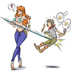 Rule 34 | 1boy, 1girl, age difference, arm tattoo, ball busting, bare arms, bare shoulders, bdsm, belt, bikini, bikini top only, bulge, cbt, denim, femdom, jeans, legs, long hair, nami (one piece), navel, ocigart, one piece, orange hair, pants, staff, swimsuit, sword, tattoo, thighs, weapon, wooden sword