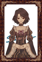 Rule 34 | 1girl, aluce, bad id, bad pixiv id, black choker, black dress, bow, bowtie, brown eyes, brown hair, character request, choker, collar, dress, fingers together, frilled choker, frilled collar, frilled sleeves, frills, jewelry, light frown, long sleeves, looking at viewer, own hands together, pink bow, ring, sample watermark, short hair, solo, spoilers, swept bangs, umineko no naku koro ni, watermark, white background, white frills, wide sleeves, yasu (umineko)