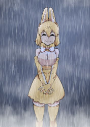 Rule 34 | 10s, 1girl, ^ ^, animal ears, bare shoulders, blonde hair, bow, bowtie, closed eyes, cowboy shot, elbow gloves, closed eyes, facing viewer, gloves, graphite (medium), high-waist skirt, highres, kemono friends, outdoors, rain, serval (kemono friends), shirt, short hair, skirt, sleeveless, sleeveless shirt, smile, solo, standing, takoongyi, thighhighs, traditional media, v arms, wet, wet clothes, wet face, wet hair, white shirt, yellow skirt, yellow thighhighs, zettai ryouiki