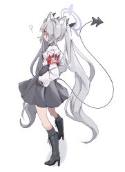 Rule 34 | 1girl, ?, animal ear fluff, animal ears, armband, asymmetrical bangs, black footwear, black skirt, black socks, black tail, blue archive, boots, collared shirt, commentary, demon tail, from side, gloves, grey hair, hair over one eye, halo, hands on own hips, highres, iori (blue archive), kemonomimi mode, kneehighs, long sleeves, looking at viewer, pink eyes, pointy ears, red armband, sentouryoku 5, shirt, shirt tucked in, skirt, sleeves past wrists, socks, solo, standing, symbol-only commentary, tail, twintails, white shirt