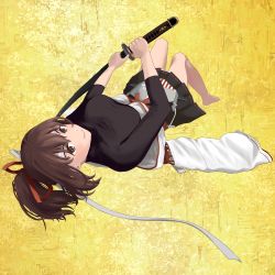 Rule 34 | 1girl, barefoot, black skirt, blush, brown eyes, brown hair, commentary request, full body, hachimaki, hair ribbon, headband, highres, holding, holding sword, holding weapon, ise (kancolle), ise kai ni (kancolle), kantai collection, katana, looking at viewer, lying, mochimoumai, off shoulder, on back, ponytail, ribbon, short hair, simple background, skirt, smile, solo, sword, undershirt, weapon