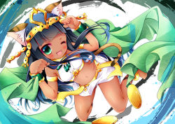 Rule 34 | 1girl, :3, ;d, animal ears, bastet (p&amp;d), black hair, cat ears, cat tail, dark skin, dark-skinned female, fang, green eyes, hair ornament, long hair, looking at viewer, miniskirt, nanamomo rio, navel, one eye closed, open mouth, paw pose, puzzle &amp; dragons, shawl, skirt, smile, solo, tail