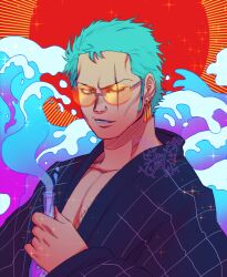 Rule 34 | 1boy, dark-skinned male, dark skin, earrings, flask, green hair, highres, holding, japanese clothes, jewelry, kimono, lower teeth only, male focus, mewiyev, one eye closed, one piece, pectoral cleavage, pectorals, potion, roronoa zoro, round-bottom flask, scar, scar across eye, scar on chest, scar on face, short hair, sideburns, smile, solo, sunglasses, teeth, toned, toned male, waves, yukata