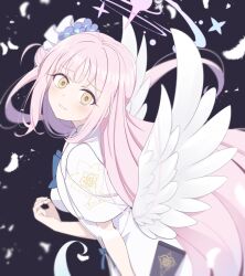 Rule 34 | 1girl, angel wings, blue archive, blue bow, blunt bangs, blush, bow, capelet, commentary request, crazy, crazy eyes, crazy grin, dress, feathered wings, feathers, flower, from side, gun, hair bun, hair flower, hair ornament, halo, head tilt, highres, hoshino ouka, lanchester smg, long hair, looking at viewer, looking to the side, mika (blue archive), one side up, pink hair, school uniform, sidelocks, simple background, single side bun, smile, solo, submachine gun, turtleneck, turtleneck dress, weapon, white dress, window, wings, yellow eyes