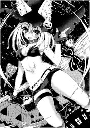 Rule 34 | 1girl, absurdres, amakawa sakko, animal ears, bat (animal), belt, bikini, bikini top only, bow, broom, candy, collar, commentary request, fang, finger gun, fingerless gloves, flying, food, fox ears, fox tail, ghost, gloves, greyscale, hair between eyes, halloween, hat, heart, heart-shaped pupils, highres, jack-o&#039;-lantern, lollipop, midriff, monochrome, navel, night, original, short shorts, shorts, solo, stomach tattoo, swimsuit, symbol-shaped pupils, tail, tattoo, thigh strap, witch, witch hat