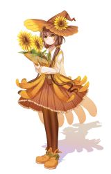 Rule 34 | 1girl, absurdres, brown hair, character, flower, full body, haikumo, hat, highres, original, self-upload, smile, sunflower, transparent background, witch, witch hat, yellow eyes
