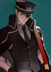 Rule 34 | 1boy, alternate costume, black gloves, black hat, black necktie, chinese commentary, closed mouth, commentary request, eyepatch, gloves, green hair, hat, highres, katana, male focus, military hat, military uniform, necktie, one piece, peaked cap, red eyes, roronoa zoro, short hair, simple background, solo, sword, uniform, vovo2000, weapon