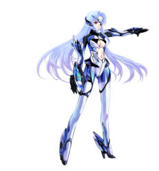 Rule 34 | 00s, 1girl, armor, breasts, center opening, high heels, kos-mos, long hair, lowres, outstretched arm, red eyes, simple background, solo, very long hair, white background, white hair, xenosaga