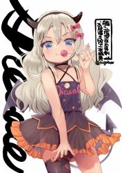 Rule 34 | 1girl, bat wings, black dress, black thighhighs, blonde hair, bow, candy, character name, clipboard, cowboy shot, demon girl, demon horns, demon wings, dress, fake horns, flat chest, food, grecale (kancolle), green eyes, hair bow, horns, kantai collection, lollipop, long hair, looking at viewer, n:go, official alternate costume, one-hour drawing challenge, simple background, single thighhigh, solo, tan, thighhighs, twitter username, wavy hair, white background, wings