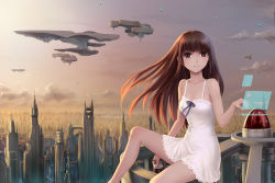 Rule 34 | 1girl, bare shoulders, breasts, brown eyes, brown hair, building, chemise, city, cityscape, cleavage, cloud, collarbone, dress, dusk, holographic interface, holographic monitor, long hair, md5 mismatch, original, realistic, resolution mismatch, revision, ribbon, science fiction, sitting, sky, skyscraper, small breasts, smile, source larger, spacecraft, starfighter, youbou