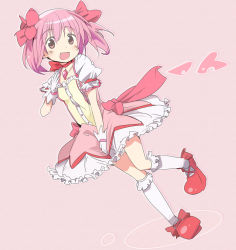Rule 34 | 10s, :d, full body, gloves, ixy, kaname madoka, looking at viewer, magical girl, mahou shoujo madoka magica, mahou shoujo madoka magica (anime), open mouth, pink eyes, pink hair, shoes, short hair, smile, solo, standing, standing on one leg, twintails