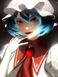 Rule 34 | 1girl, absurdres, blue hair, commentary, english commentary, eyebrows hidden by hair, gloves, hair between eyes, hand on own chin, hand up, hat, highres, lexirinthe, lips, lipstick, looking at viewer, makeup, mob cap, puffy short sleeves, puffy sleeves, red eyes, remilia scarlet, shirt, short hair, short sleeves, solo, touhou, twitter username, upper body, v-shaped eyebrows, white gloves, white hat, white shirt