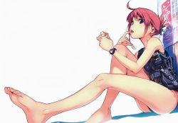 Rule 34 | 10s, 1girl, bare legs, bare shoulders, barefoot, blue eyes, bow, eating, egg, feet, licking finger, foreshortening, gun, hair bow, handgun, highres, leg up, legs, licking, long legs, looking at viewer, one-piece swimsuit, rail wars!, red hair, sakurai aoi, scan, short hair, sitting, soles, solo, spoon, swimsuit, thighs, toes, tongue, tongue out, vania600, watch, weapon, wristwatch