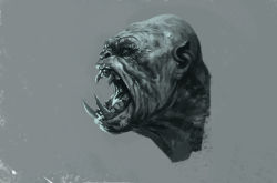Rule 34 | 1boy, absurdres, bald, cropped shoulders, fangs, from side, gradient background, grey background, highres, kalmahul, male focus, open mouth, orc, original, portrait, profile, realistic, shiny skin, teeth, traditional media