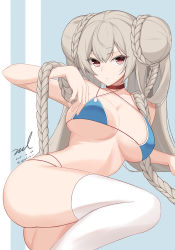 Rule 34 | 1girl, ass, azur lane, bare arms, bare shoulders, bikini, blue bikini, braid, breasts, choker, closed mouth, collarbone, dated, double bun, formidable (azur lane), formidable (the lady of the beach) (azur lane), grey hair, hair bun, large breasts, long hair, looking at viewer, multi-strapped bikini bottom, multi-strapped bikini top, red eyes, signature, solo, swimsuit, thighhighs, twin braids, twintails, twitter username, unel, very long hair, white thighhighs