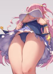 Rule 34 | 1girl, blue dress, blue panties, breasts, cameltoe, commentary request, dress, from below, grey background, groin, hair ornament, hair rings, hands up, hatsune (princess connect!), heart, highres, large breasts, legs together, long hair, nitro (mugityaoisii), no bra, panties, partially unbuttoned, petticoat, pink hair, pointy ears, princess connect!, pulling own clothes, simple background, skindentation, solo, standing, star (symbol), star hair ornament, thick thighs, thighs, underboob, underwear, very long hair