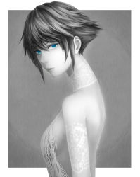 Rule 34 | 1girl, blue eyes, breasts, choker, elbow gloves, gloves, greyscale, highres, lace, lace choker, looking at viewer, monochrome, original, sakimori (hououbds), short hair, sideboob, small breasts, solo, spot color
