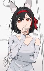 Rule 34 | 1girl, absurdres, animal ear fluff, animal ears, black hair, blush, bob cut, breasts, closed mouth, collarbone, hairband, highres, hololive, long sleeves, looking at viewer, medium breasts, ogura tubuan, ookami mio, orange eyes, red hairband, shirt, short hair, signature, solo, upper body, virtual youtuber, white shirt, wolf ears