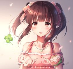 Rule 34 | 10s, 1girl, blush, brown eyes, brown hair, cherry blossoms, clover, four-leaf clover, idolmaster, idolmaster cinderella girls, jewelry, looking at viewer, necklace, ogata chieri, open mouth, petals, short hair, smile, solo, twintails, upper body, yomono