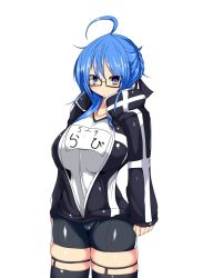 Rule 34 | 1girl, ahoge, artoria pendragon (fate), bike shorts, blue eyes, blue hair, breasts, cosplay, fate (series), glasses, highres, huge breasts, jacket, looking at viewer, mysterious heroine x alter (fate), mysterious heroine x alter (fate) (cosplay), original, skindentation, solo, taku (yakumodaisuki), thighhighs, track jacket, track suit