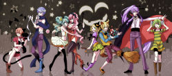 Rule 34 | 3boys, 5girls, animal ears, animal hands, bandages, bat (animal), blue scarf, bolt (hardware), boots, breasts, broom, candy, cape, cat ears, cat paws, cat tail, cleavage, collar, double bun, food, frankenstein&#039;s monster, gumi, hair bun, hair over one eye, halloween, hatsune miku, highres, kagamine len, kagamine rin, kaito (vocaloid), kamui gakupo, long hair, long image, medium breasts, megurine luka, meiko (vocaloid), midriff, multiple boys, multiple girls, navel, night, one eye closed, scar, scarf, skirt, small breasts, smile, stitches, tail, thighhighs, vampire, very long hair, vocaloid, wide image, wink, wolf, yamako (state of children)
