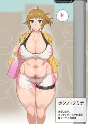 Rule 34 | 1girl, 2boys, blue eyes, breasts, brown hair, cleavage, erection, gundam, gundam build fighters, gundam build fighters try, highres, hoshino fumina, huge breasts, kunaboto, looking at viewer, midriff, multiple boys, pubic hair, smile, standing, thick thighs, thighs, translation request