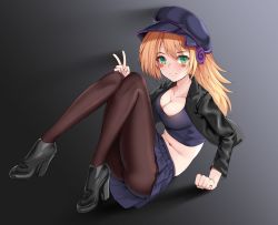 Rule 34 | 1girl, alternate costume, arm support, black footwear, black jacket, blonde hair, blush stickers, breasts, cleavage, closed mouth, collarbone, commentary, dark magician girl, full body, gradient background, green eyes, hand up, hat, high heels, highres, jacket, long hair, looking at viewer, matrix16, medium breasts, midriff, open clothes, open jacket, panties, panties under pantyhose, pantyhose, pleated skirt, shiny clothes, simple background, sitting, skirt, smile, solo, tank top, underwear, v, yu-gi-oh!, yu-gi-oh! duel monsters