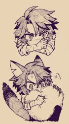 Rule 34 | 1boy, ahoge, animal ears, crossed arms, fox ears, fox tail, greyscale, heathcliff (project moon), highres, limbus company, long sleeves, looking at viewer, male focus, monochrome, multiple views, pants, project moon, tail, touma rui