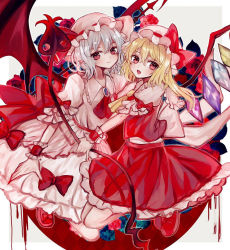 Rule 34 | 2girls, abandon ranka, ascot, bat wings, blonde hair, bow, crystal, dress, fingernails, flandre scarlet, full body, hat, hat bow, laevatein, looking at viewer, mob cap, moon, multiple girls, nail polish, night, night sky, open mouth, petticoat, pointy ears, puffy sleeves, red eyes, red moon, remilia scarlet, sash, sharp fingernails, shirt, shoes, short hair, short sleeves, siblings, side ponytail, silver hair, sisters, skirt, skirt set, sky, smile, spear the gungnir, touhou, vest, wings, wrist cuffs