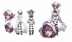 Rule 34 | 1girl, breasts, character sheet, choker, expressions, facial mark, full body, green eyes, hand on own hip, hat, jacket, medium breasts, merry nightmare, midriff, multiple views, navel, open mouth, pointy ears, purple hair, short hair, simple background, skirt, striped clothes, striped thighhighs, thighhighs, turnaround, yumekui merry, zettai ryouiki