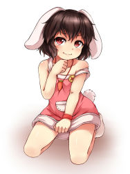 Rule 34 | 1girl, :3, alternate costume, animal ears, carrot necklace, dress, full body, highres, inaba tewi, jewelry, kneeling, looking at viewer, necklace, off shoulder, pink dress, pocket, rabbit ears, rabbit girl, rabbit tail, red eyes, shadow, short dress, short hair, simple background, smile, socks, solo, tail, touhou, white background, white socks, wristband, yangshangshu