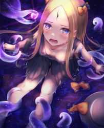 Rule 34 | 1girl, abigail williams (fate), black bow, black dress, blonde hair, blue eyes, blush, bow, breasts, collarbone, dress, fate/grand order, fate (series), forehead, hair bow, kinom (sculpturesky), long hair, looking at viewer, multiple bows, open mouth, orange bow, parted bangs, polka dot, polka dot bow, sitting, small breasts, solo, tears, tentacles, thighs, torn clothes, torn dress