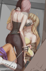 Rule 34 | 2girls, absurdres, ahoge, ass, bare shoulders, black gloves, boots, breasts, brown hair, cleavage, from behind, gloves, hand on another&#039;s chin, hand on another&#039;s neck, high heel boots, high heels, highres, injury, knee boots, long hair, multicolored hair, multiple girls, neo politan, off shoulder, pants, pink hair, rwby, single thighhigh, split-color hair, straddling, thighhighs, tl (xdd), weapon request, yang xiao long, yellow legwear, yuri
