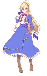 akuyaku_reijou_nano_de_last_boss_wo_kattemimashita aqua_eyes blonde_hair blue_dress blue_flower blue_gloves boots bow closed_mouth dress female_focus flower gloves irene_loren_d&#039;authrice long_hair long_skirt looking_at_another nose red_bow simple_background skirt solo white_background