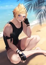 Rule 34 | 1boy, absurdres, arm up, bare shoulders, barefoot, beach, black gloves, black shirt, blonde hair, blurry, blurry foreground, blush, brown footwear, final fantasy, final fantasy xv, fingerless gloves, full body, galdinquay15, gloves, hand on own face, highres, indian style, looking at viewer, lower teeth only, male focus, ocean, open mouth, outdoors, palm tree, print shirt, prompto argentum, shirt, short hair, sitting, smile, solo, spiked hair, swept bangs, tank top, teeth, tree, twitter username